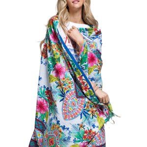 ONE LEFT! Large Flower Print Towel Beach or Bathing Cotton Tassels & Fringe